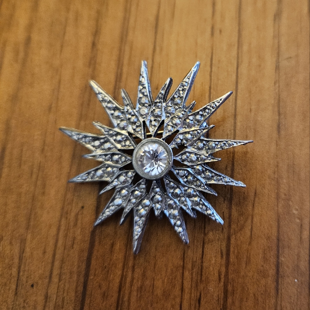 Silver Starburst Brooch with Crystals